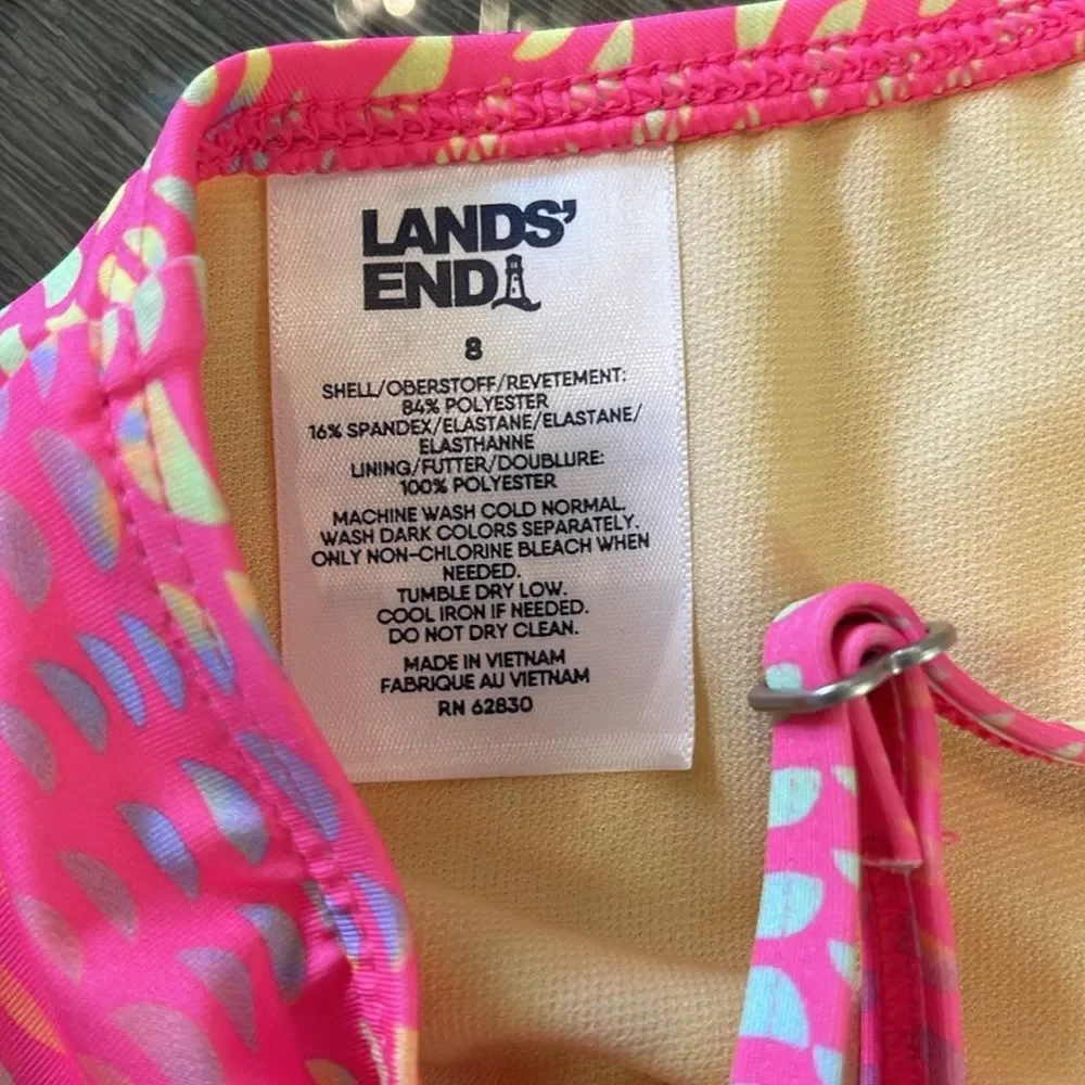 Lands’ End Bright Pink Geo Printed Bikini Top Size 8 New